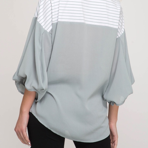 Slate striped 3/4 balloon sleeve with side tie - Picture 3 of 5